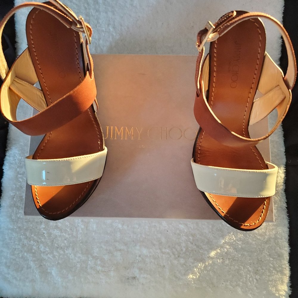 Jimmy Choo Women's Brown/White Notion Layered Wood Wedges